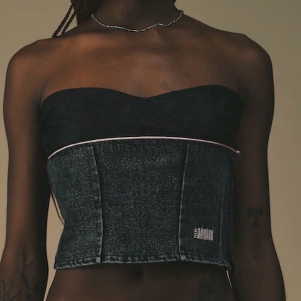 🆕Dawang Denim + Brocade Patch Tube Top Black Denim Strapless Top XS🆕